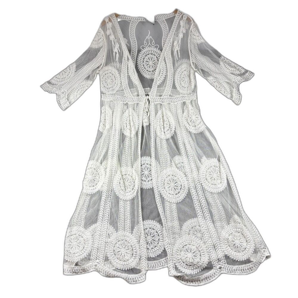 Liv Los Angeles Women Sheer Kimono Swim Cover Lace Open Tie Front Ivory LG L126